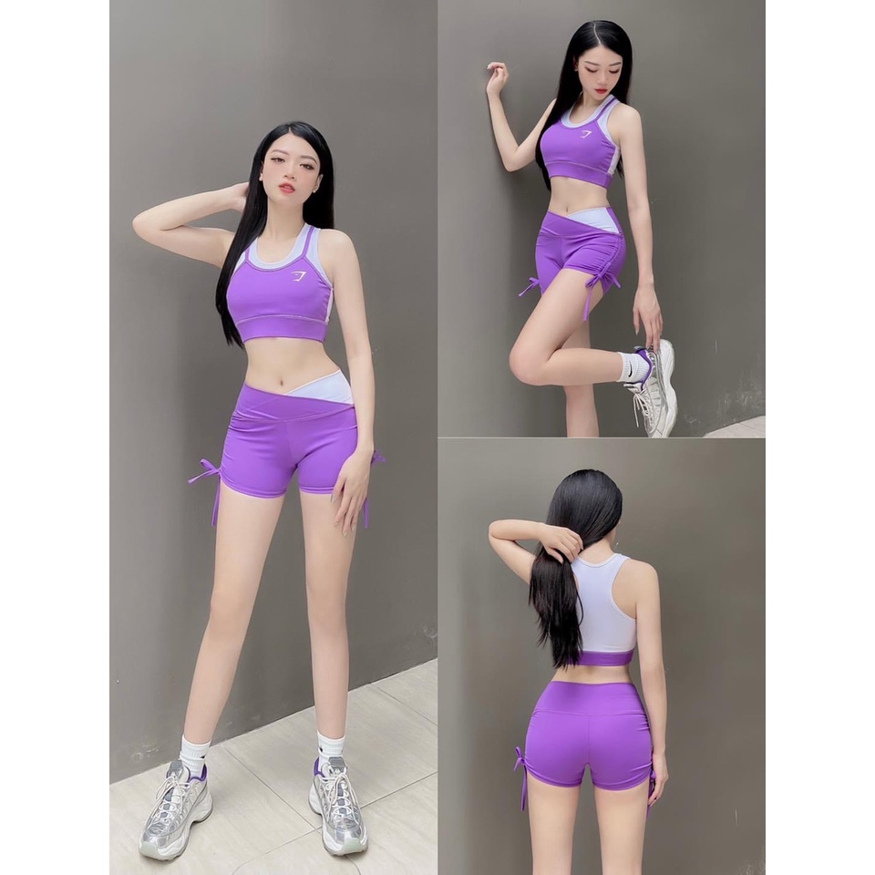 Đồ tập gym nữ bộ tập gym yoga erobic nữ áo bra quần sooc rút dây cạp chéo phối màu