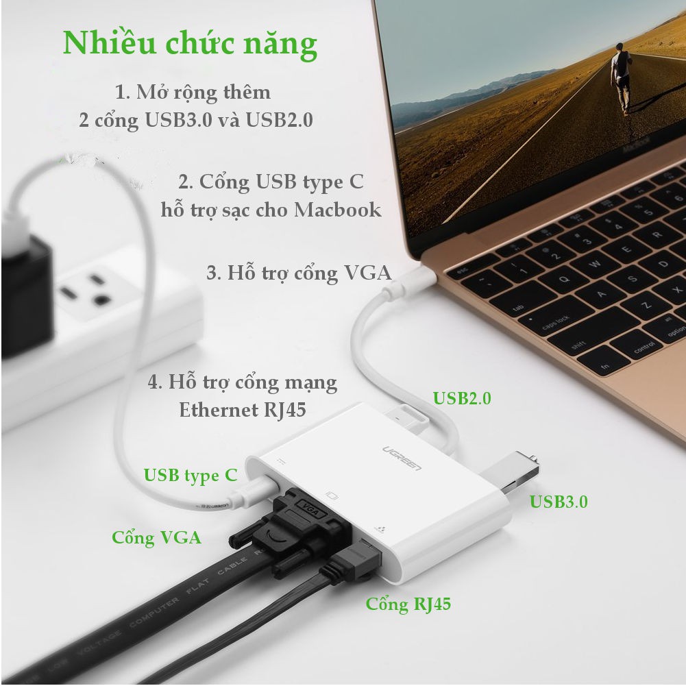 Cáp chuyển đổi USB Type C sang VGA + Hub USB 3.0 và USB2.0 UGREEN US182 30439