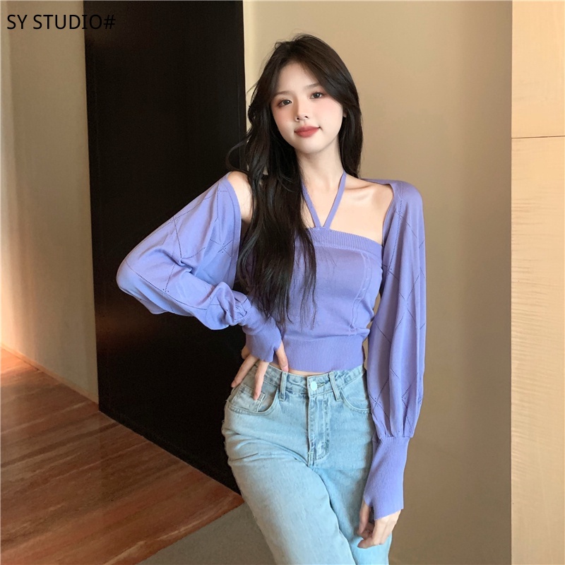 SUXI Set áo croptop dệt kim + áo hai dây phong cách thời trang hàn quốc