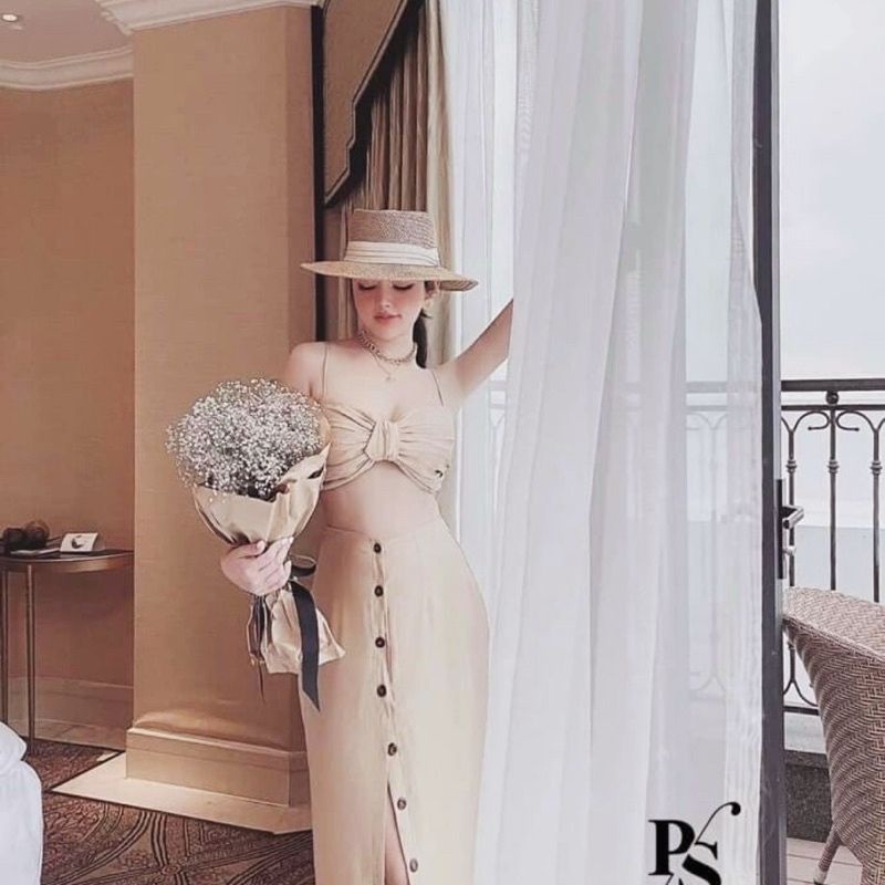 Set áo kèm chân váy nơ đi biển, đi chơi màu hồng kem Vivi Shop