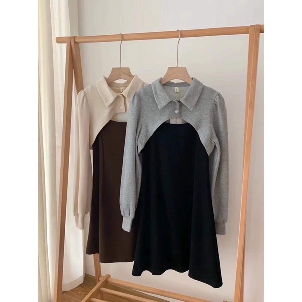 [Ảnh độc quyền] Sét váy áo cổ sơ mi cài cúc mix đầm 2 dây nữ dáng chữ A phong cách Hàn quốc | BigBuy360 - bigbuy360.vn