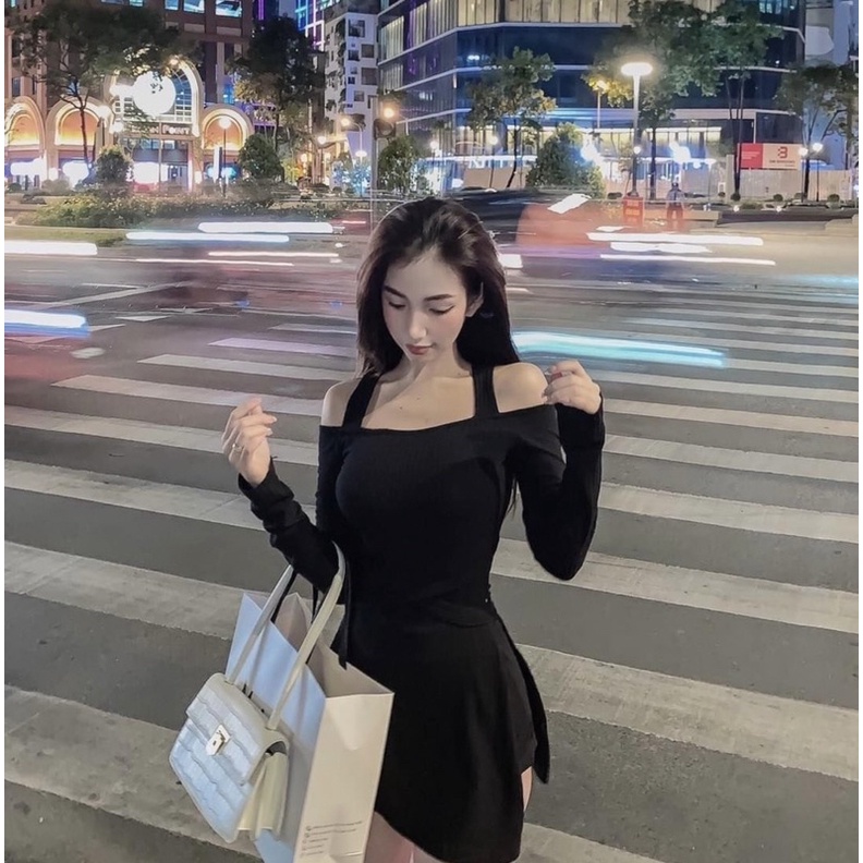 Set áo yếm trễ vai quần short gân tăm