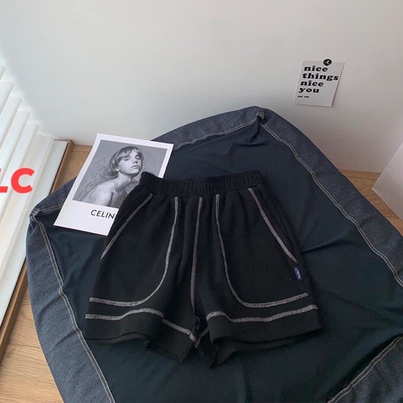 uần Short Chỉ Nổi  Nữ [FREESHIP]  Shorts đùi chạy viền dáng suông, thun trơn màu ĐEN | TRẮNG | XÁM Ulzzang