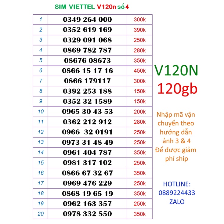 Sim V120n 10 số đẹp viettel 4g số 4 (120k = 120gb 1 tháng, nghe gọi miễn phí nội mạng, liên mang)