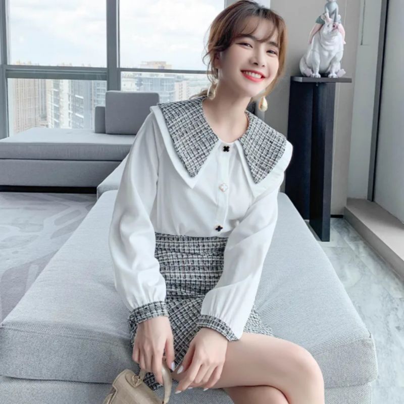Set Áo Sơ Mi Váy Dạ Tweed Quảng Châu Trắng Đen Siêu Đẹp