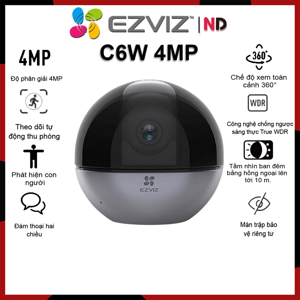 Camera Wifi EZVIZ C6W 2K 4MP Xoay 360, Thu phóng , Đàm thoại - Hàng chính hãng