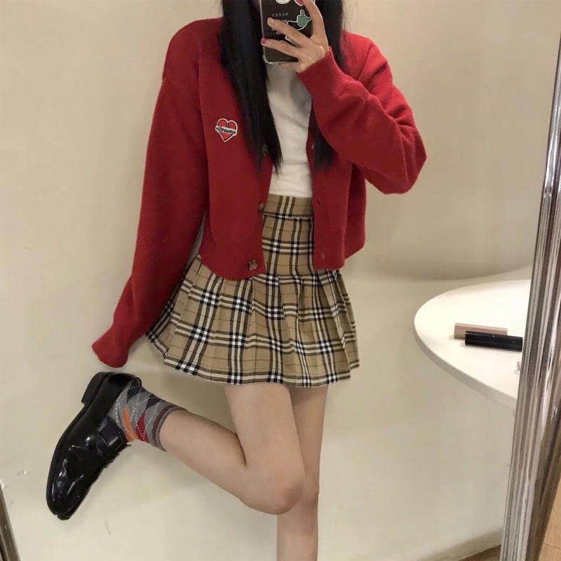 Áo khoác cardigan nữ dáng dài tay màu đỏ phong cách hàn quốc