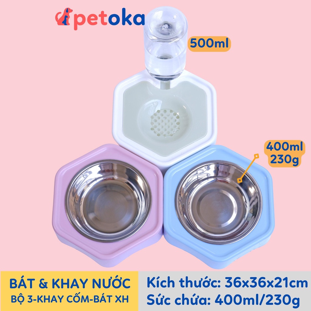 Bát cho chó mèo ăn, khay nước tự động lắp ghép thành bộ cho thú cưng kèm bình 500ml Petoka
