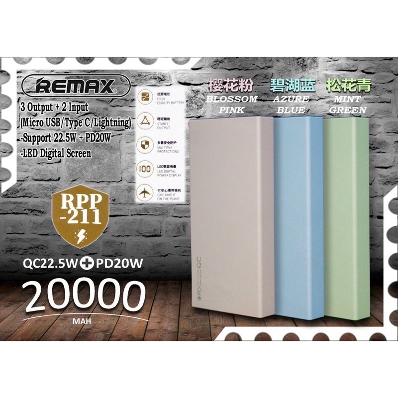 [ Chính hãng Remax ] Pin Sạc nhanh dự phòng RPP-211 QC 22.5W + PD 20W màn hình LED Type C và USB 20.000mah