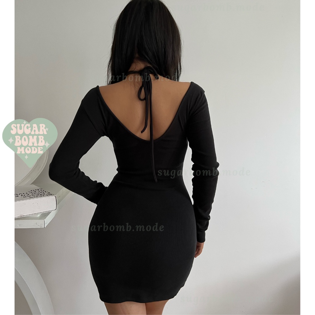 Đầm Body Sexy Hở Lưng Hở Eo Váy Ôm Cổ Yếm Hở Vai Cột Dây Quyến Rũ Sang Chảnh Màu Trắng Thun Sugarbomb.mode Trắng, Đe