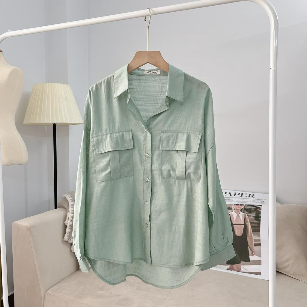 Áo Sơ Mi Nữ Form Rộng Tay Dài Phồng, Sơ Mi Nhiều Màu Freesize Chất Tơ Xước Mềm Mát 2 Túi Hộp Phong Cách Hàn Quốc SUBICI