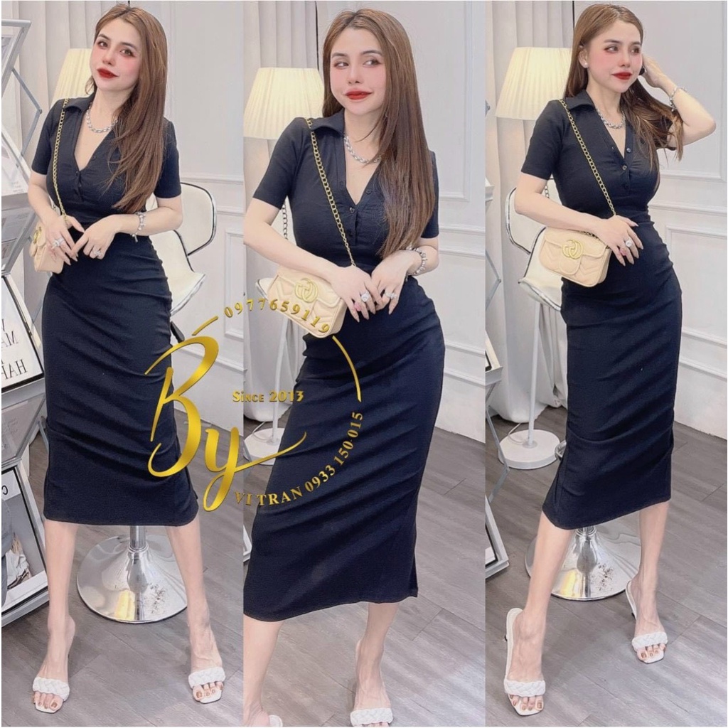 Đầm body dáng midi xẻ sau xinh sexy cổ V sọc ngang MK55
