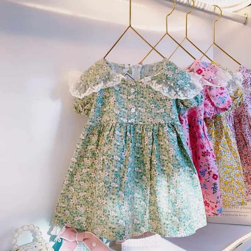 Váy Hoa Nhí Đính Ren Cho Bé Gái - Chất Thô Mềm, Mát.