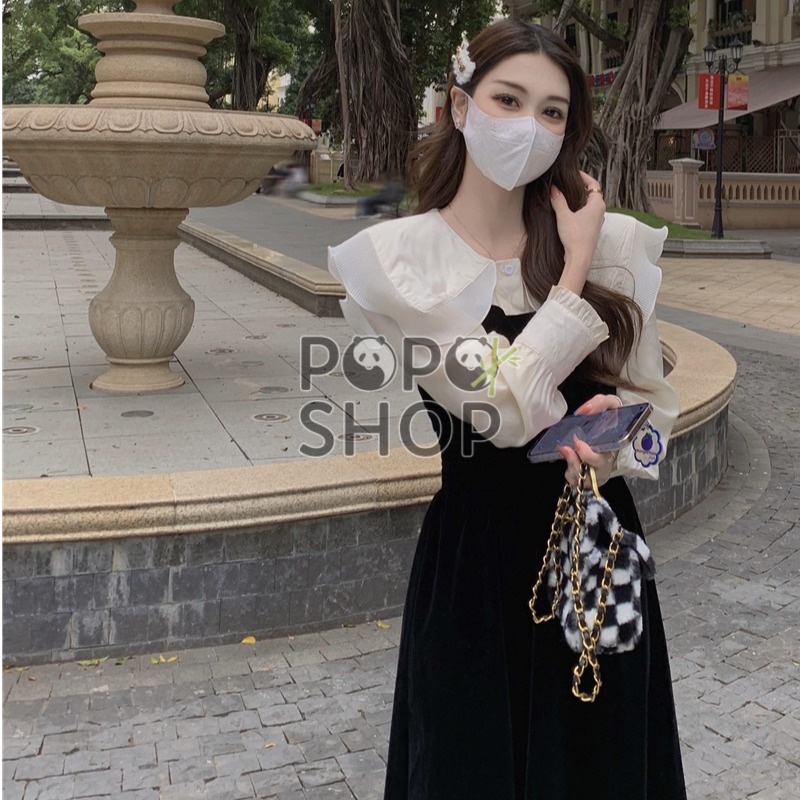 Váy nhung dài cổ bánh bèo tiểu thư