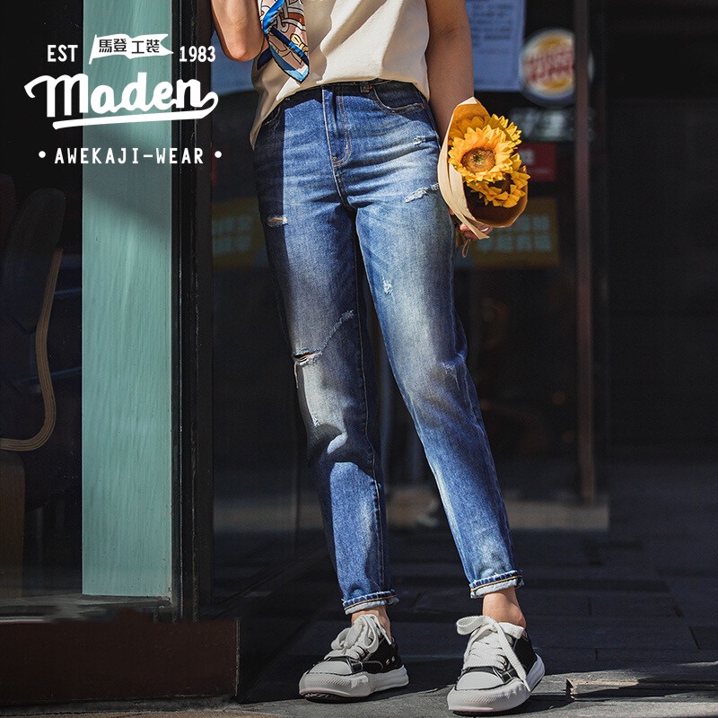 MADEN Quần Jean Rách Dáng Suông Ống Đứng Lưng Vừa Thời Trang Xuân Hè Cho Nữ