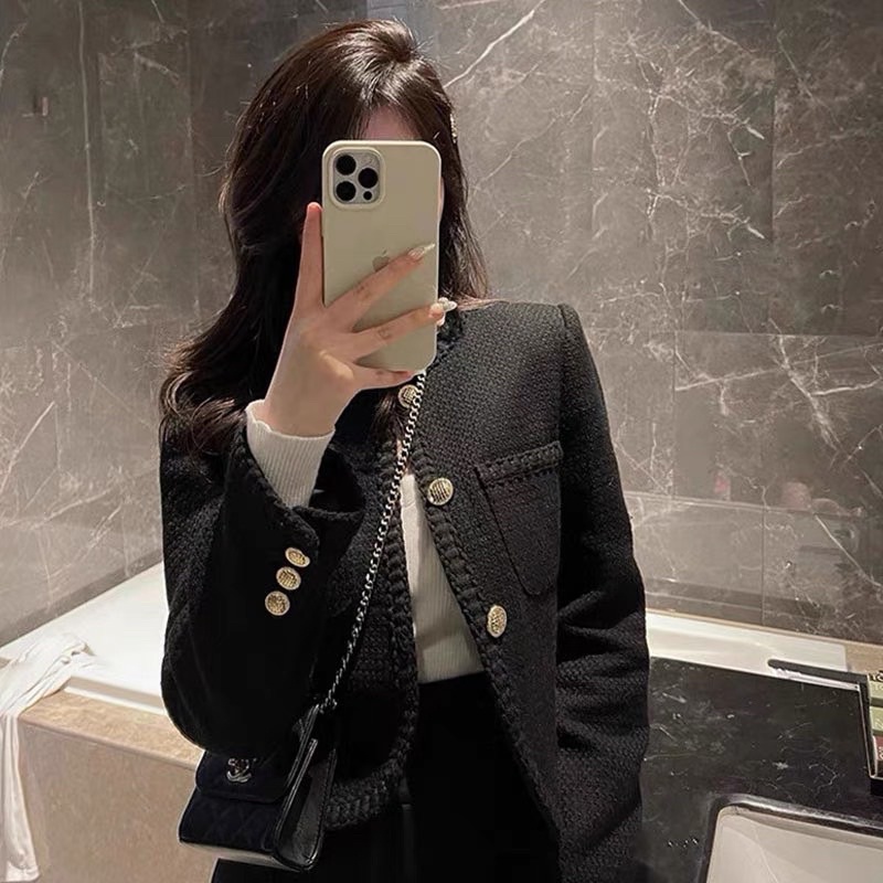 Áo Dạ Tweed Đen Cúc Đồng Quảng Châu Loại 1  Áo Khoác Dạ tweed Nữ