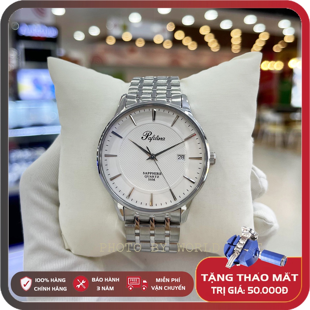 Đồng hồ pin, đồng hồ nam dây thép Pafolina 5027M full box, kính sapphire chống xước, chống nước