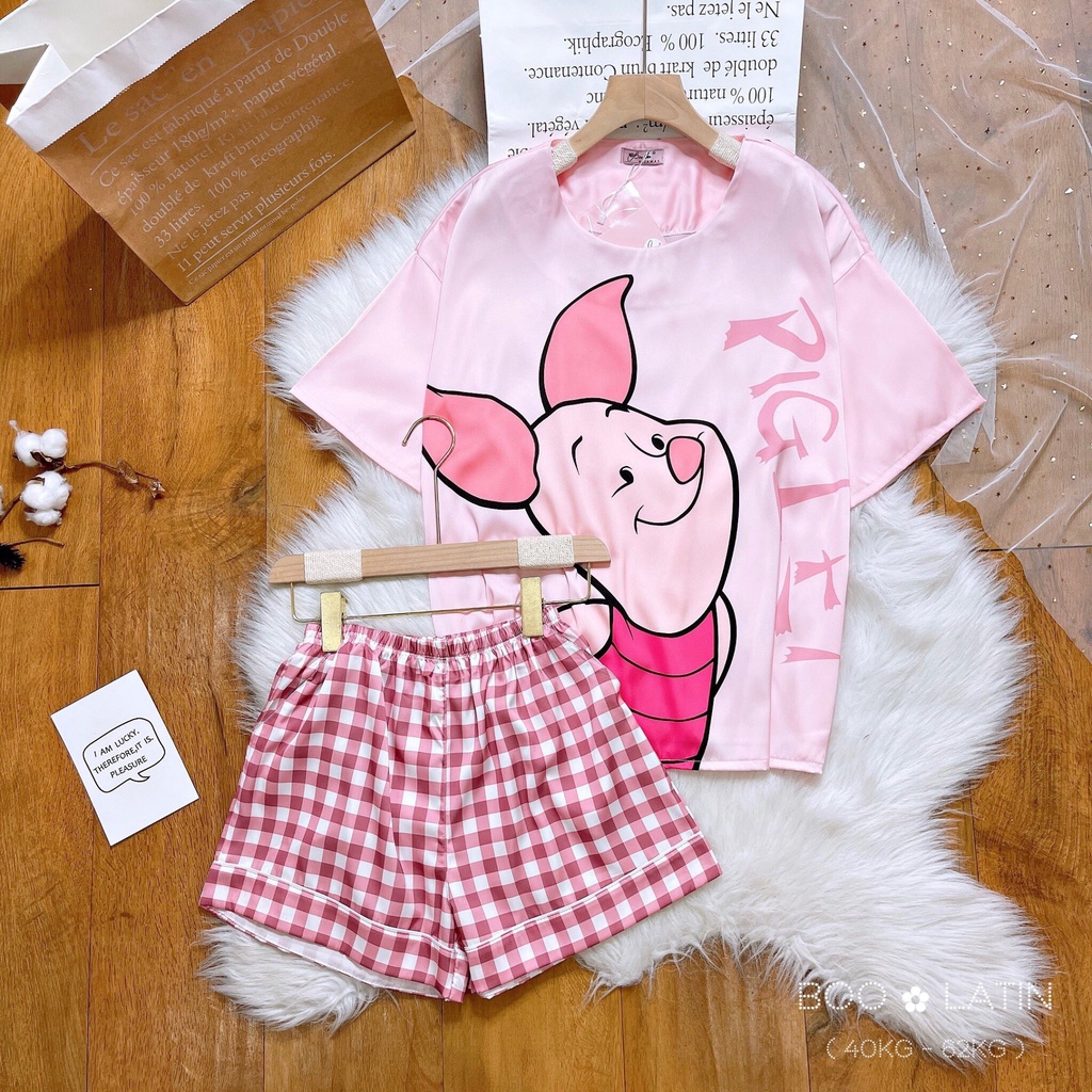 Đồ bộ nữ mặc nhà lụa latin cao cấp cổ tròn - Winnie The Pooh