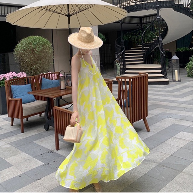 VÁY ĐẦM MAXI 2 DÂY HOA VÀNG TƯƠI MÁT