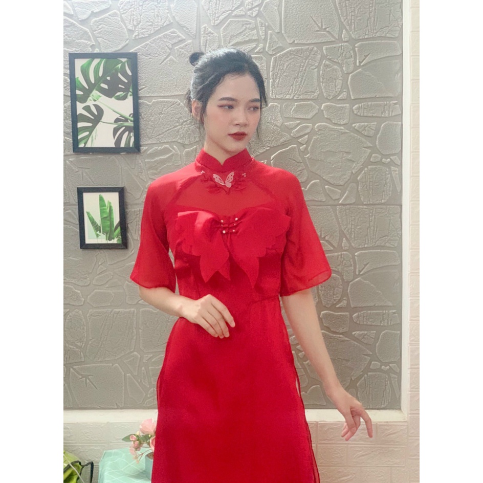 Áo Dài Cách Tân Nữ Tơ MON Tiểu Thư Điệu Đà 3 Màu Đỏ - Vàng - Hồng Siêu Xinh