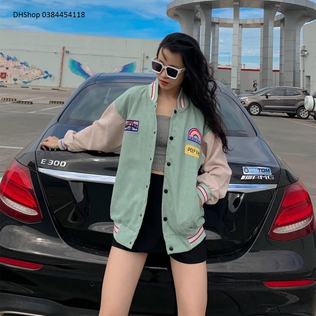 Áo khoác bomber nhung tăm unisex, varsity jacket bomber nhung tay phồng có kèm túi áo thêu deep end Bunny_035