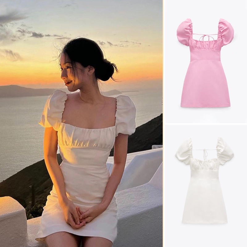 Uibey Đầm Vải Lanh Cột Dây Hở Lưng Ngắn Tay Thời Trang Quyến Rũ 6562