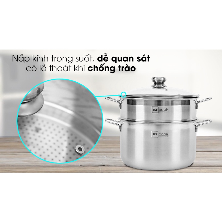 BỘ NỒI XỬNG HẤP INOX CAO CẤP HT COOK 28CM 2 TẦNG VUNG KÍNH CƯỜNG LỰC