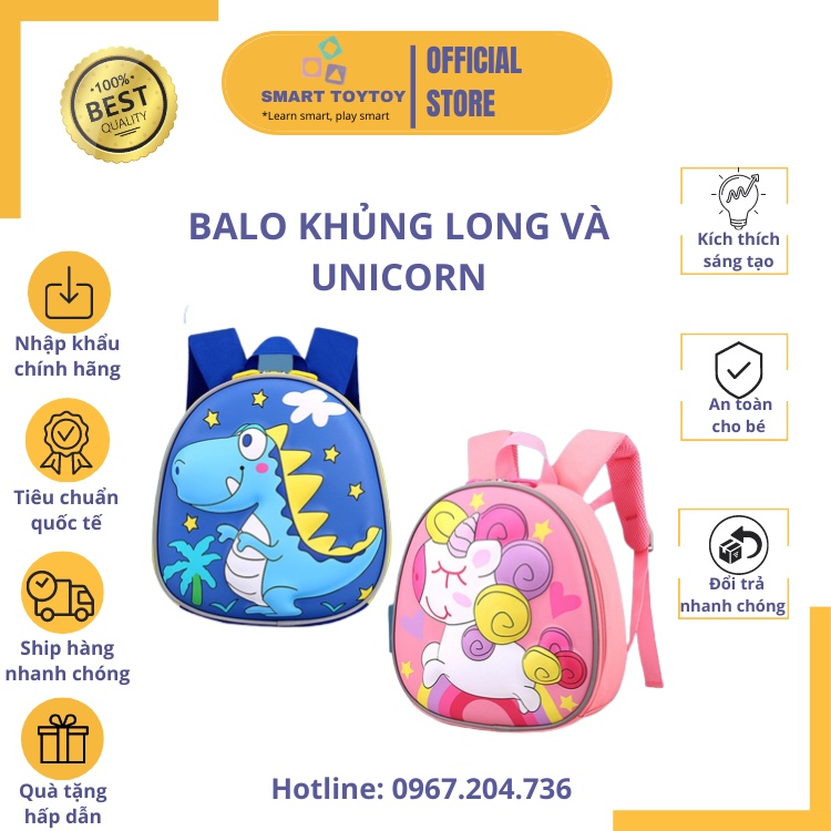Balo cho bé mầm non Smart Toy Toy hình Khủng Long và Unicorn 3D cực đáng yêu (Hàng cao cấp)