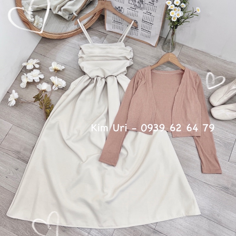 [Sẵn] Đầm 2 dây xếp ngực nhúng thun lưng dáng maxi xoè kèm áo khoác gân tay dài