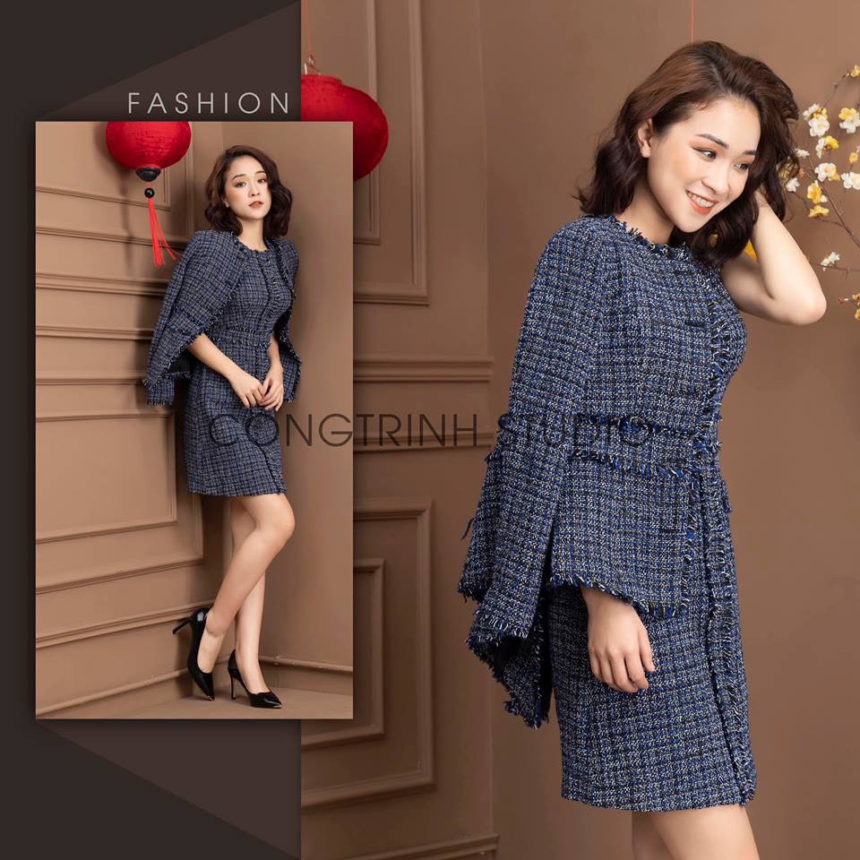 Sét áo khoác & zuýp dạ💖Freeship💖Sét áo khoác & zuý teck Hàn ánh xanh đen vải kiện hàn, kiểu hiện đại, trẻ trung dễ mặc
