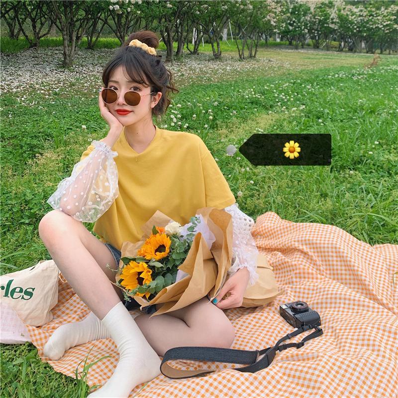 Áo Thun Tay Dài Dáng Rộng Phối Lưới Cỡ Lớn Phong Cách Mới Cho Nữ