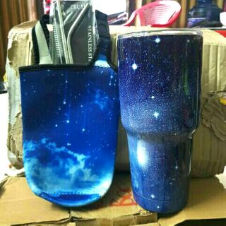 Combo ly giữ nhiệt 900ml galaxy xanh