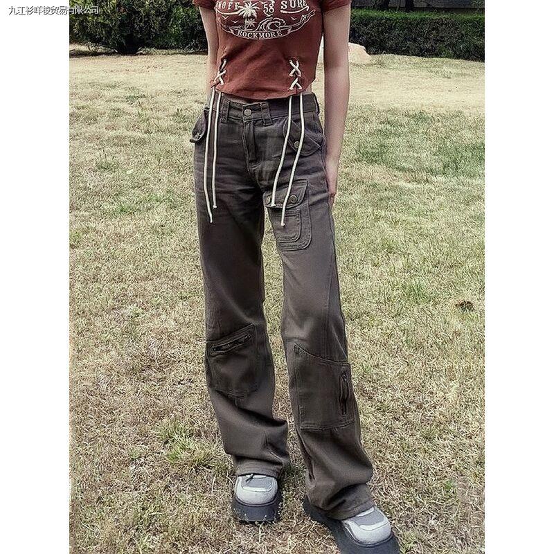 Quần Jean Dài Lưng Cao Ống Đứng Nhiều Túi Phong Cách Retro Mỹ Thời Trang Mùa Hè Cho Nữ