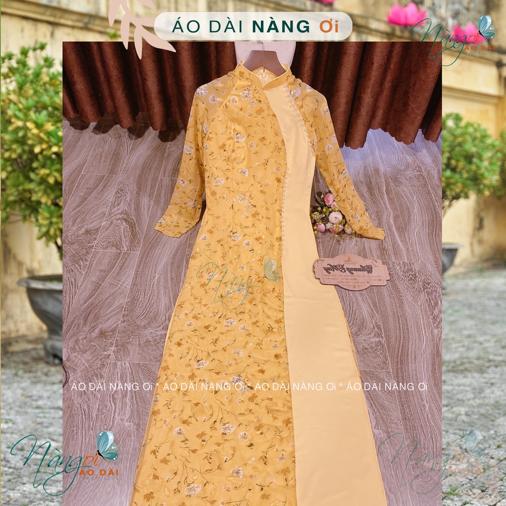 Áo Dài Hoa Nhí 4 Tà Vàng Đính Ngọc Truyền Thống  Lụa Tơ Hoa Da Hồng Đẹp