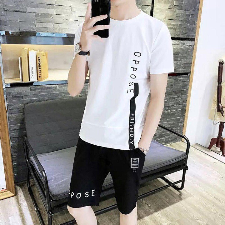 Bộ Đồ Nam Cộc Tay In chữ Sọc Chất Thun Cotton - In Nhiệt - BN123