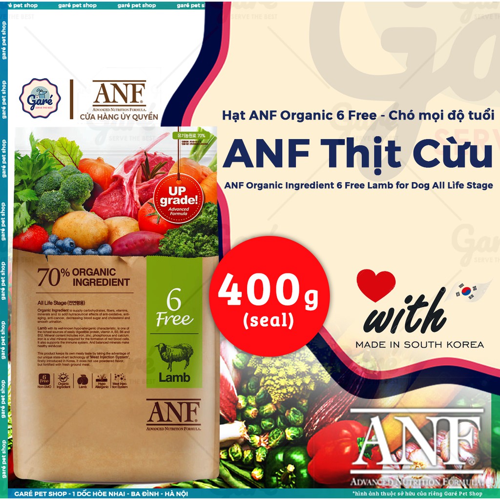 [Mã PET50 giảm 10% - tối đa 50K đơn 250K] 400gr - Hạt ANF cho Chó mọi giống 6 FREE ORGANIC kích thước nhỏ 7mm( Hàn Quốc)