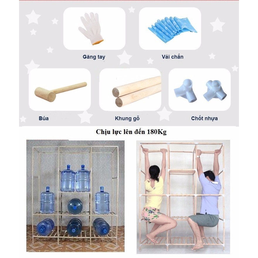 [XẢ KHO+FREE SHIP] Tủ vải khung gỗ cao cấp 4 buồng cực lớn