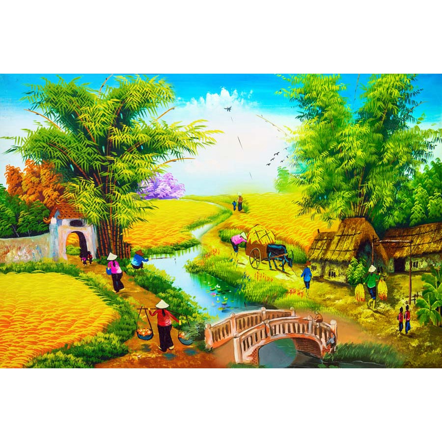 Tranh Làng Quê Việt Nam Thời Xa Xưa nhiều kích thước, làm theo yêu cầu, không giời hạn kích thước