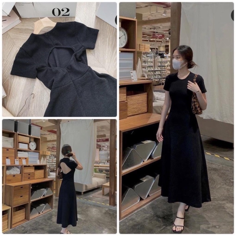 Đầm maxi cổ tròn tay ngắn hở lưng dáng xoè , váy nữ dáng dài xuất xịn | BigBuy360 - bigbuy360.vn