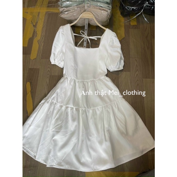 [Ảnh thật/video] Váy babydoll trắng kiểu buộc dây hở lưng quyến rũ