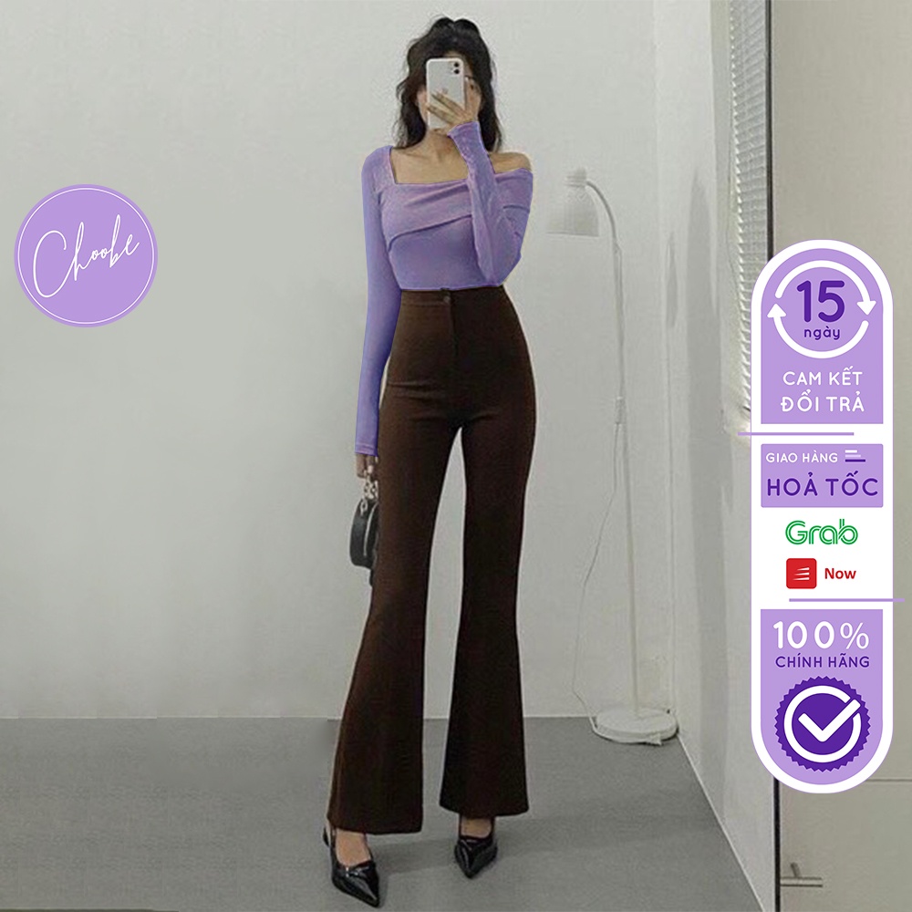 Quần ống loe Choobe lưng cạp cao 1 cúc suông rộng nữ dài culottes màu đen nâu Q42