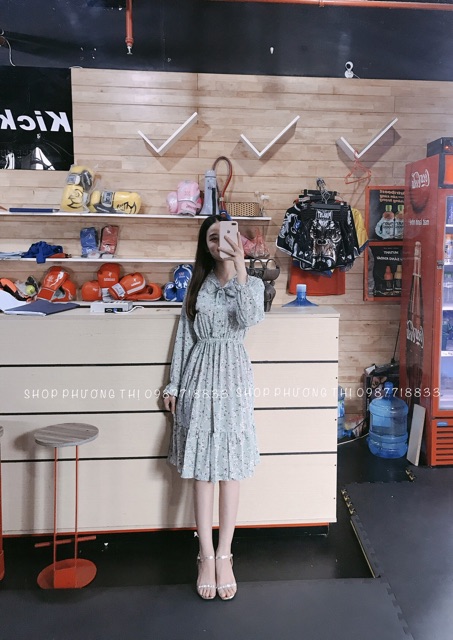 [Mã WARN20 giảm 20k đơn 150k] Váy hoa nhí cổ nơ chun eo dài tay ( hình shop tự chụp kèm video ) | BigBuy360 - bigbuy360.vn