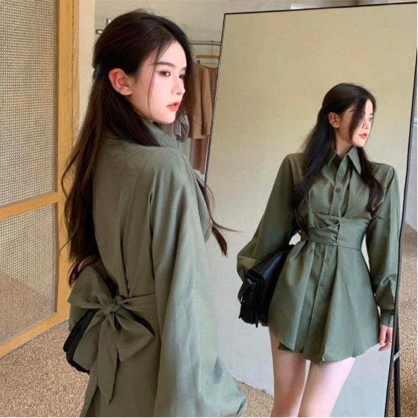 ĐẦM SƠ MI / ĐẦM BẦU /  ÁO SƠ MI FORM RỘNG DÁNG DÀI NỮ MÀU RÊU GIẤU QUẦN QUẤN EO THẮT NƠ COTI OFFICIAL