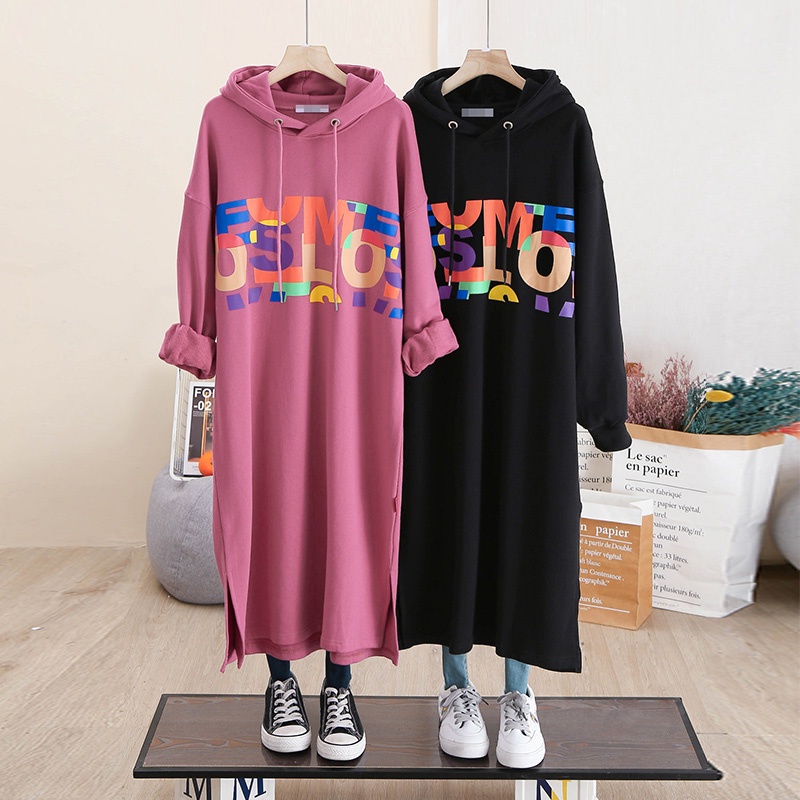 Mùa thu phong cách mới Hàn Quốc rộng rãi cỡ lớn mỏng váy len dài mỏng có mũ trùm đầu dây rút giảm tuổi tác váy dài qua đ