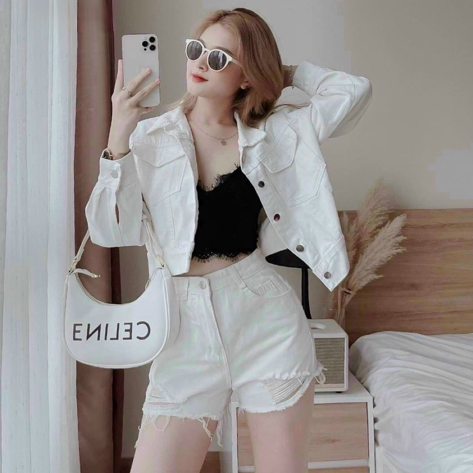 Quần short jean trắng rách quần đùi jean lưng cao