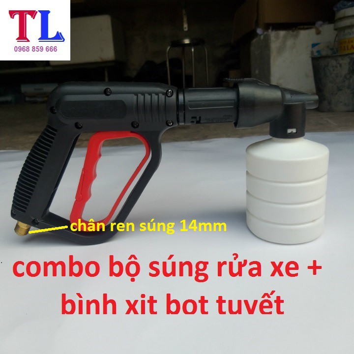 Súng Xịt Rửa Xe Áp Lực Cao Và Bình Phun Bọt Tuyết (cò đỏ ren 14mm + bình 0,5 lít)