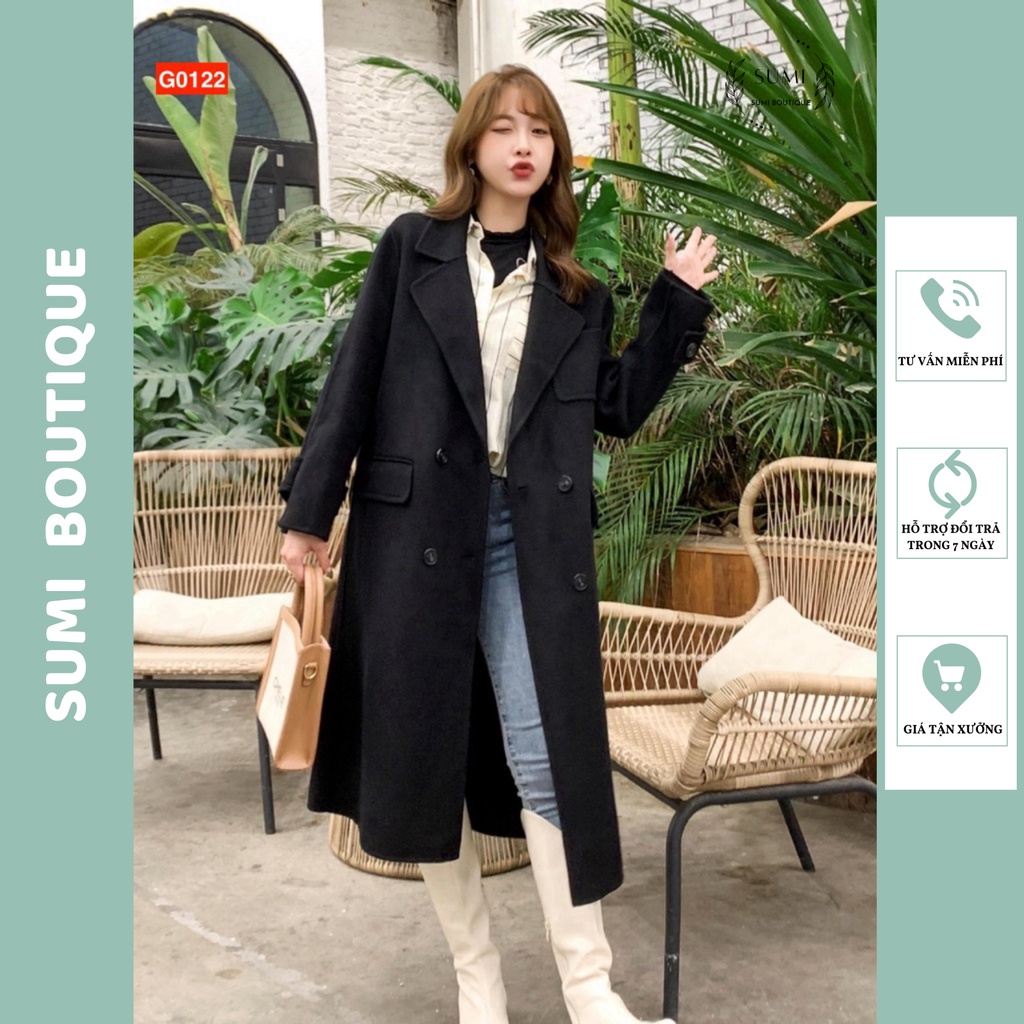 Áo Mangto Dạ Đen Nữ Dáng Dài, Cúc Ngực Túi Trước G0122 | Thời Trang Nữ | SUMI BOUTIQUE