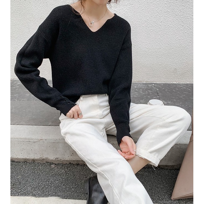 Áo dệt kim Xiaozhainv dáng rộng tay dài cổ V có 4 màu thời trang