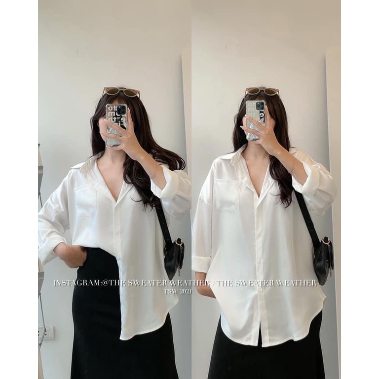Sơ mi nữ Trắng chất liệu lụa chống nhăn túi ngực thoáng mát nữ tính Freesize - Sơ mi nữ công sở cổ bẻ dài tay form rộng