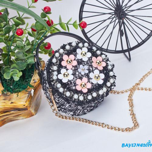 Túi xách đeo chéo vai hình tròn đính ngọc trai họa tiết hoa nhỏ xinh cho bé gái